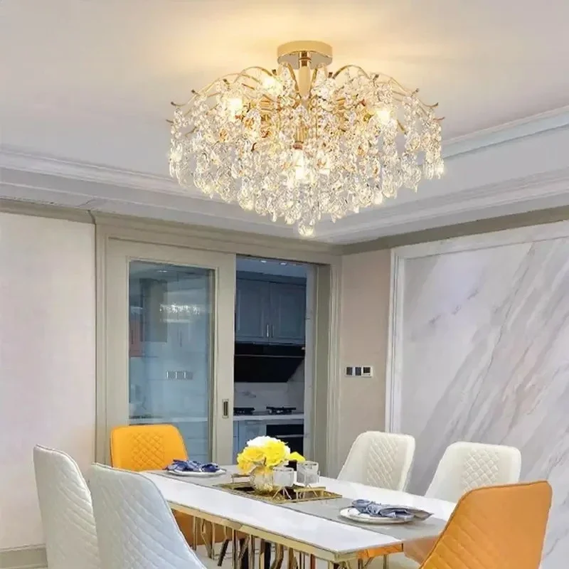 French retro light luxury crystal pendant light, all copper handmade living room and bedroom decorative lights, dazzling light
