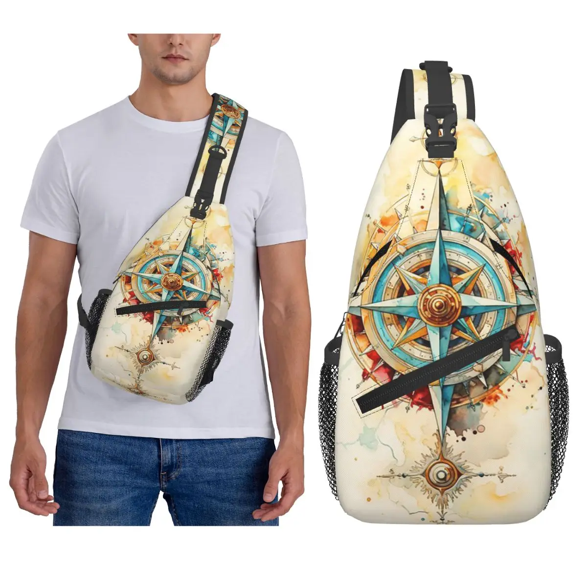 

Compass Print Chest Bag Men Sling Crossbody Backpack Chest Bag Traveling Hiking Daypack Shoulder Bag