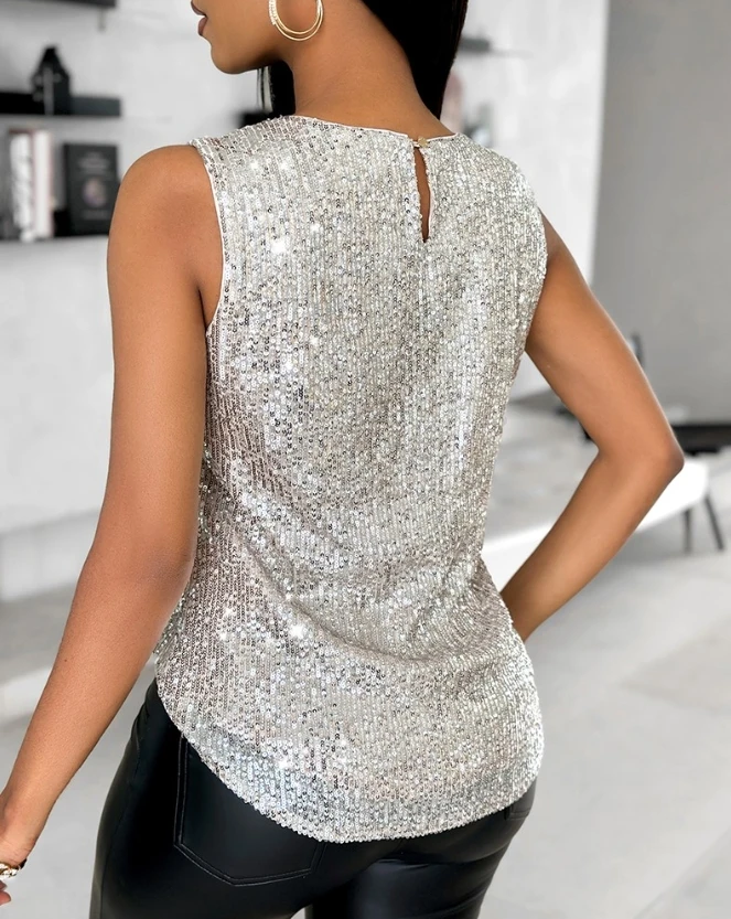 New Fashion 2024 Casual Sexy Allover Sequin Round Neck Tank Top T-Shirt Pullover Tops Female Clothing Outfits