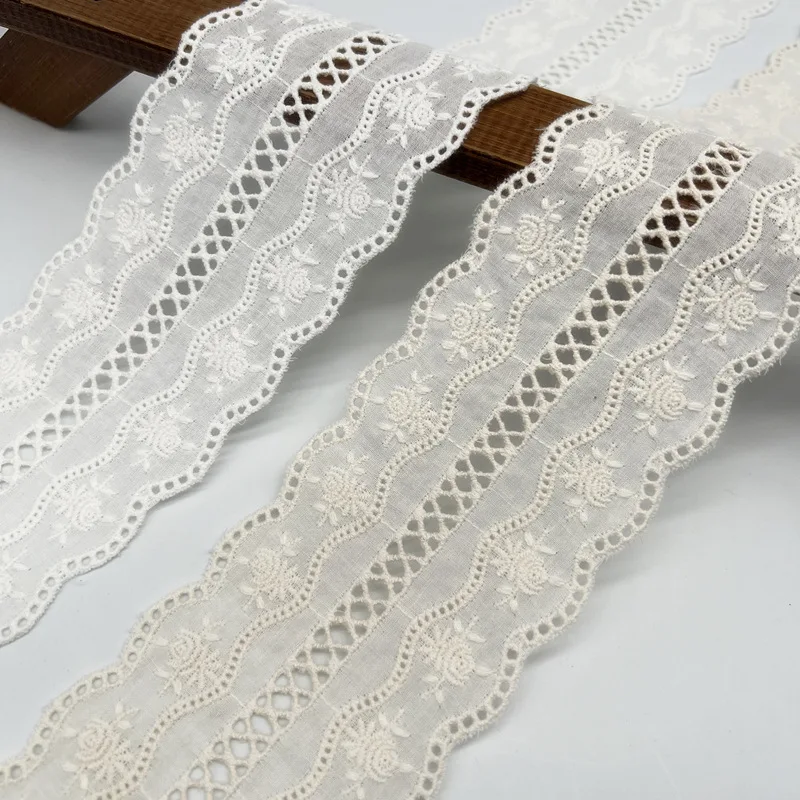 Wholesale 2/3/5yards Pure cotton Beige/Paper White 7.5cm Double Waves Embroidered Lace Accessories Cotton Fabric X937