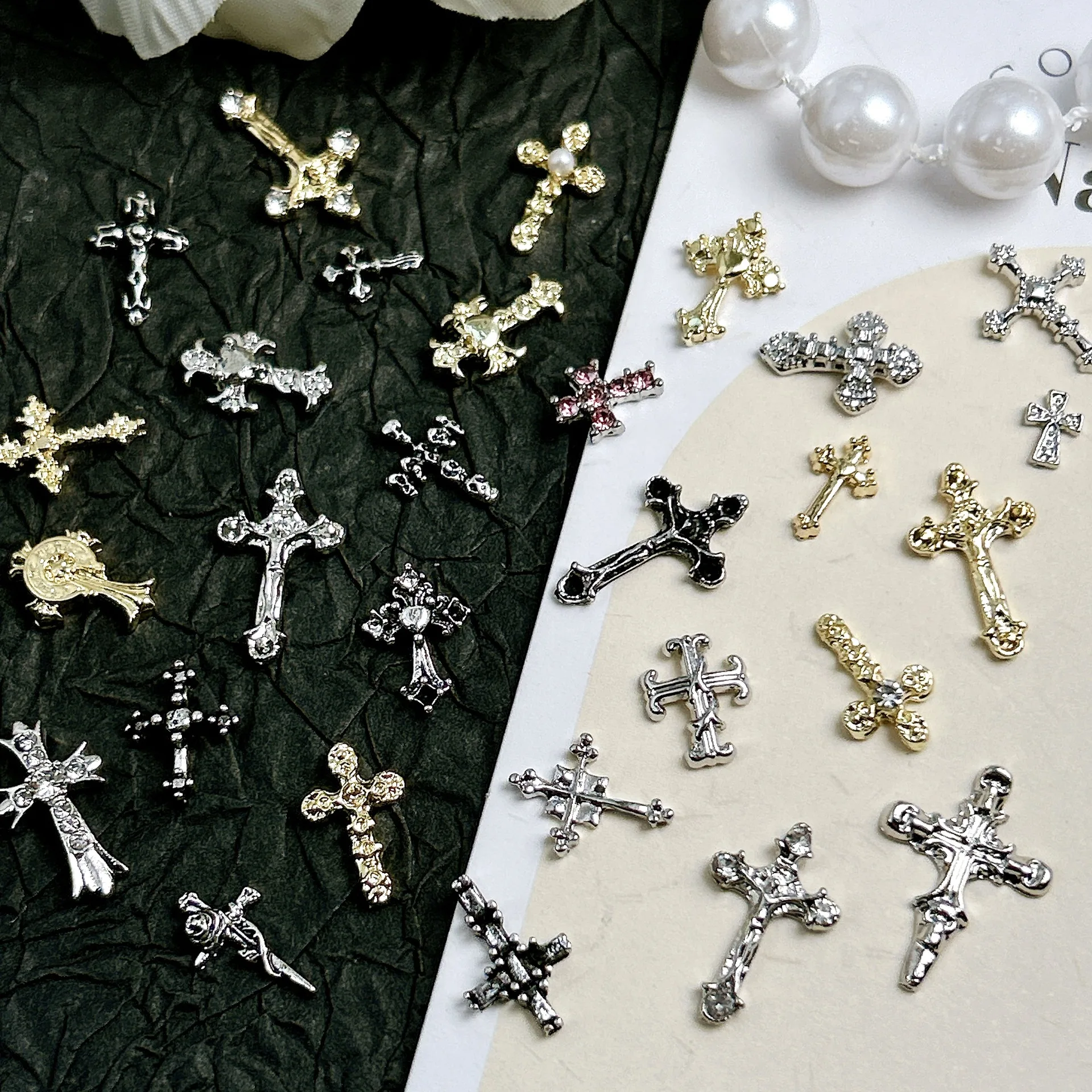 10PCS Classic Exquisite Alloy Cross Nail Charms Multiple Style Rretro Heart Cross Y2K Punk Nail Art Decorations Set for DIY Nail