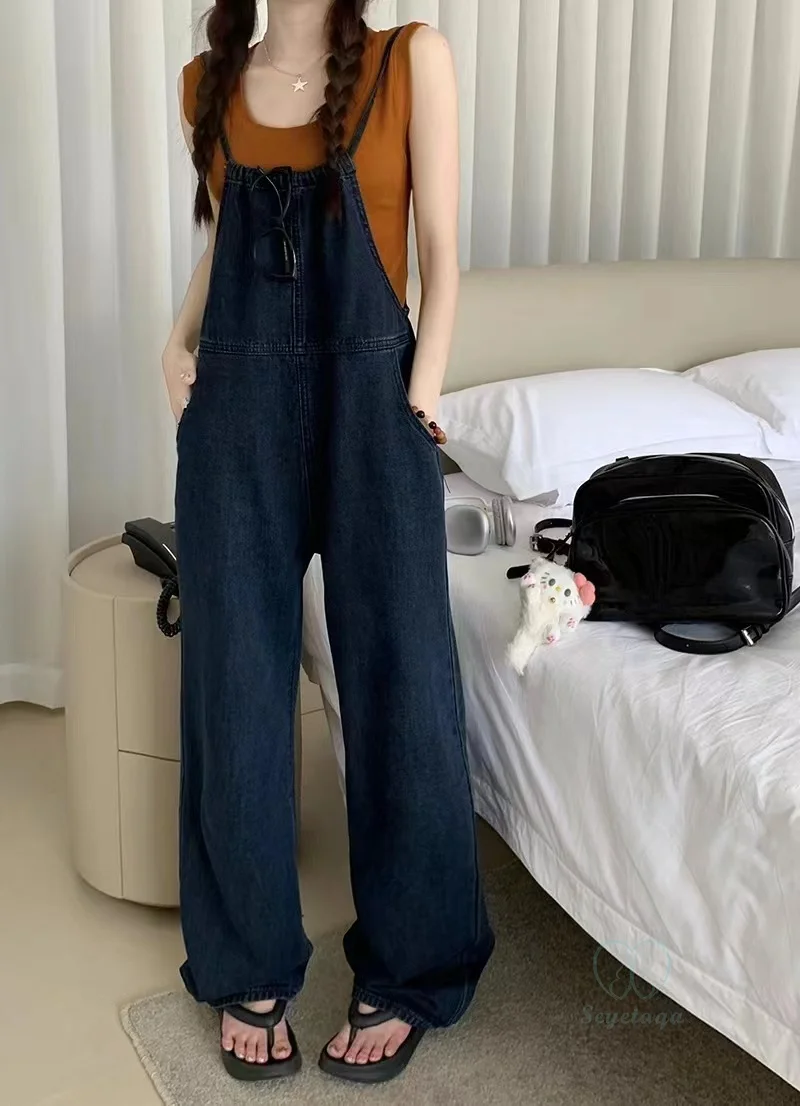 Vintage Dark Blue Denim Jumpsuits Jeans for Maternity Summer Fashion Wide leg Loose Overalls Pants for Pregnancy 24SS Y2k Youth