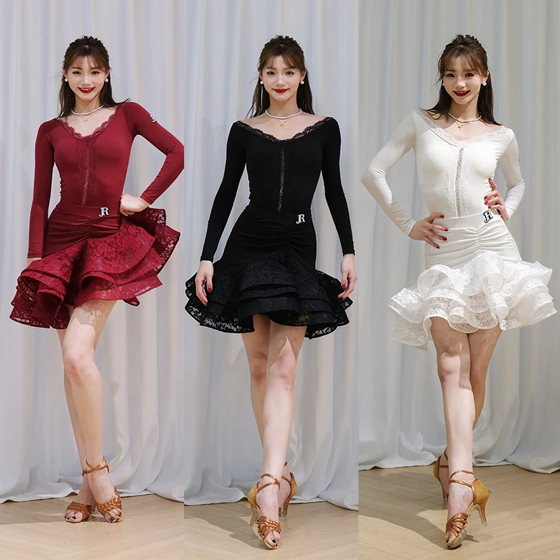 

Одежда для латинских танцев, женское кружевное платье с длинными рукавами, леотарды, пышная юбка, одежда для тренировок, белое, черное, красное платье SS1772