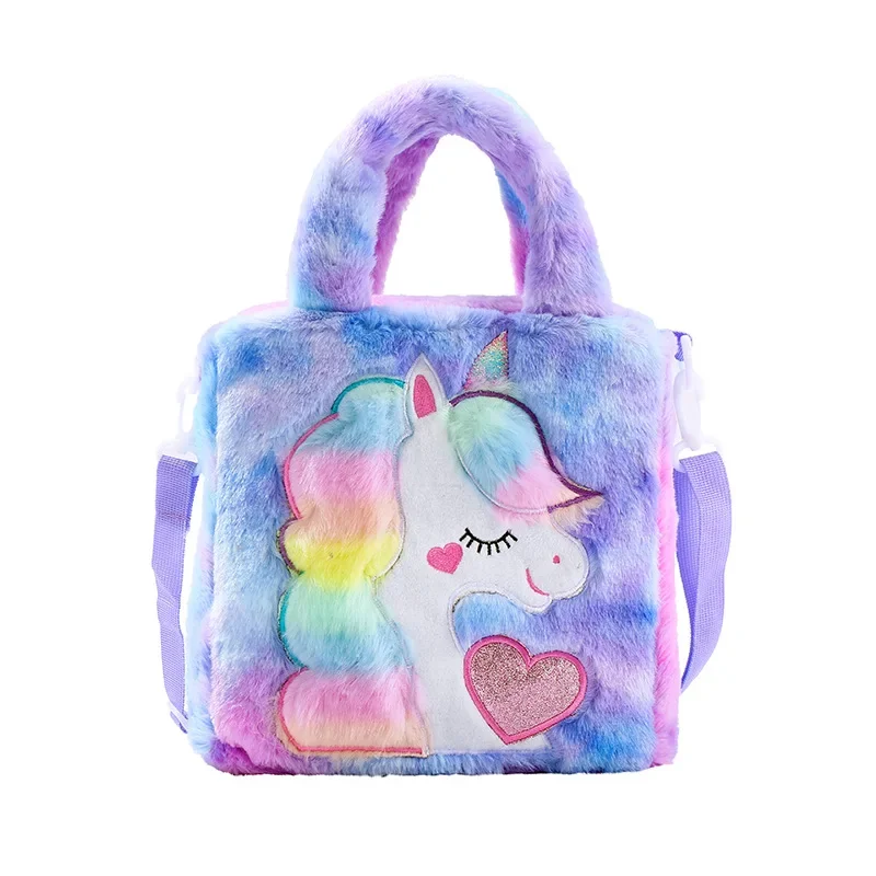 Bolsos para niños, bolsos de hombro, bolso de hombro de felpa bordado de dibujos animados, bolso bonito para niñas, bolso cruzado de unicornio para niñas