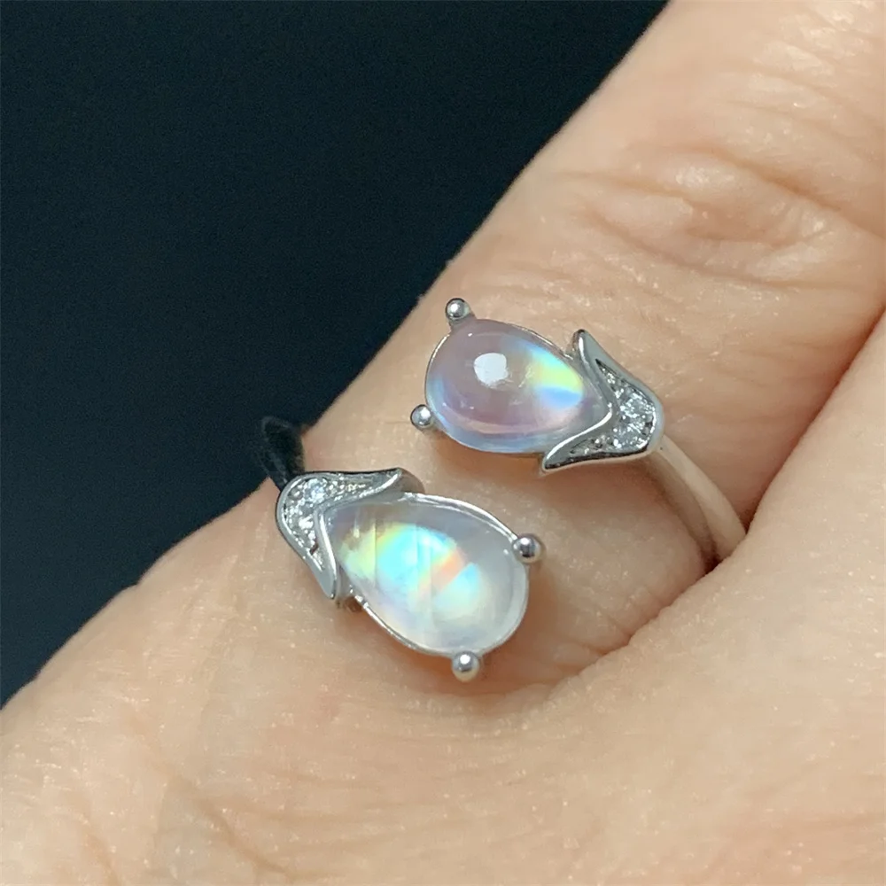 الطبيعية الملونة البرتقال ضوء Moonstone خواتم النساء WaterDrop الحصان العين الأزرق قوس قزح القمر حجر حبة شفافة 925 خاتم فضة