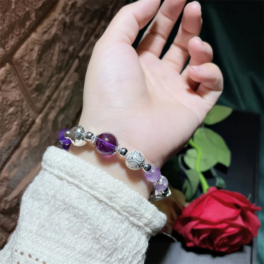 Ethnic DIY Bead 925 Sterling Silver Women Bracelet Jewelry Retro Amethyst Tassel Heart Charms Bracelet New Year Gift 2023 SL059