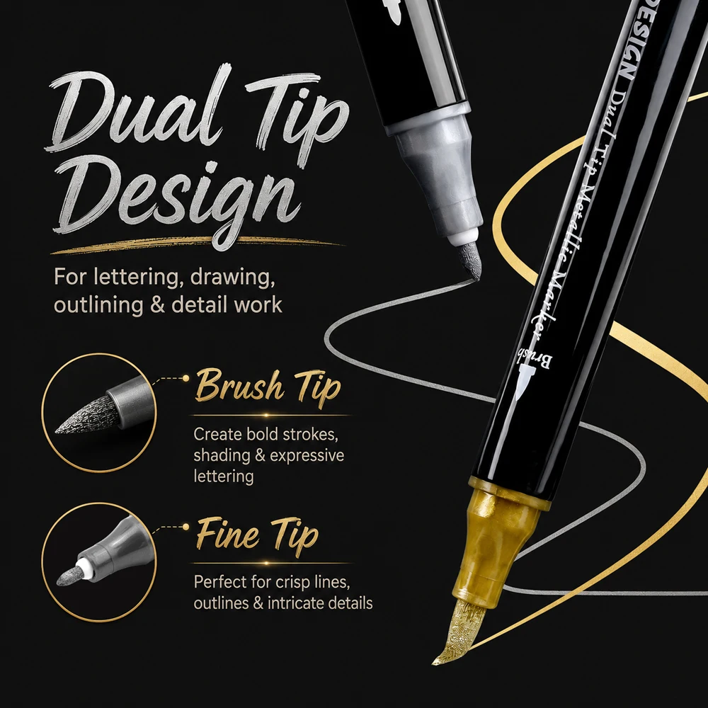 6pcs Dual-Tip Metallic Acrylic Markers 2-in-1 Fine&Brush Tip Paint Pens for Black Paper Rock Painting Ceramic Wood Glass Crafts view 3