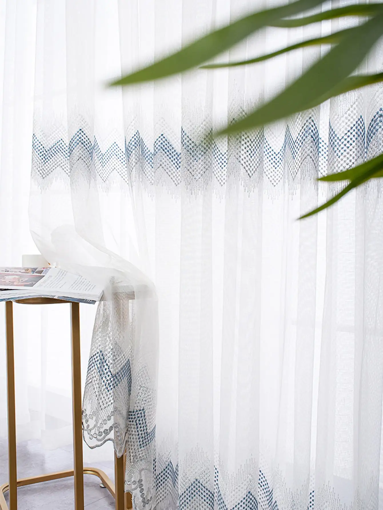 Modern Minimalist Style Nordic Corrugated Blue Double Row Beanie Curtains Living Room Bedroom Balcony Blackout Curtains