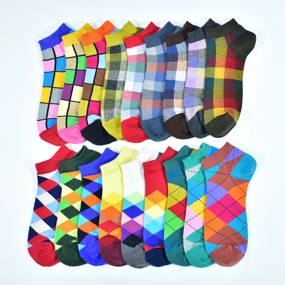 6 Pairs Men Novelty Fashion Colorful Casual Ankle Short Socks Harajuku Grid Space Cotton Happy Funny  Men Women Socks