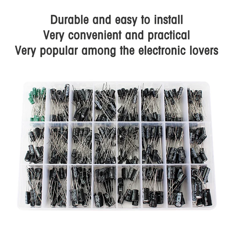 500pcs/box 0.1uF~1000uF Aluminum Electrolytic Capacitors Kit 24 kinds Capacitor Set 10V 16V 25V 50V 1uF 4.7uF 10uF 47uF 100uF