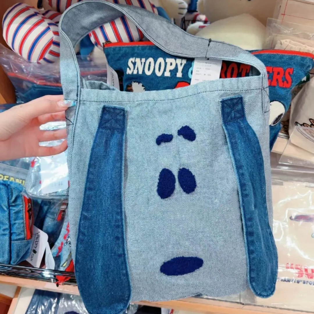 New Snoopy Denim Bag Cute Cartoon Retro Handbag Kawaii Large Capacity Student Storage Shoulder Bag  Anime Accessories Gift