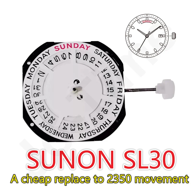 Sunon SL30DD Quartz Movement Three Hands Calendar Wide Day/Date Replacement for 2350 Movement - China Origin