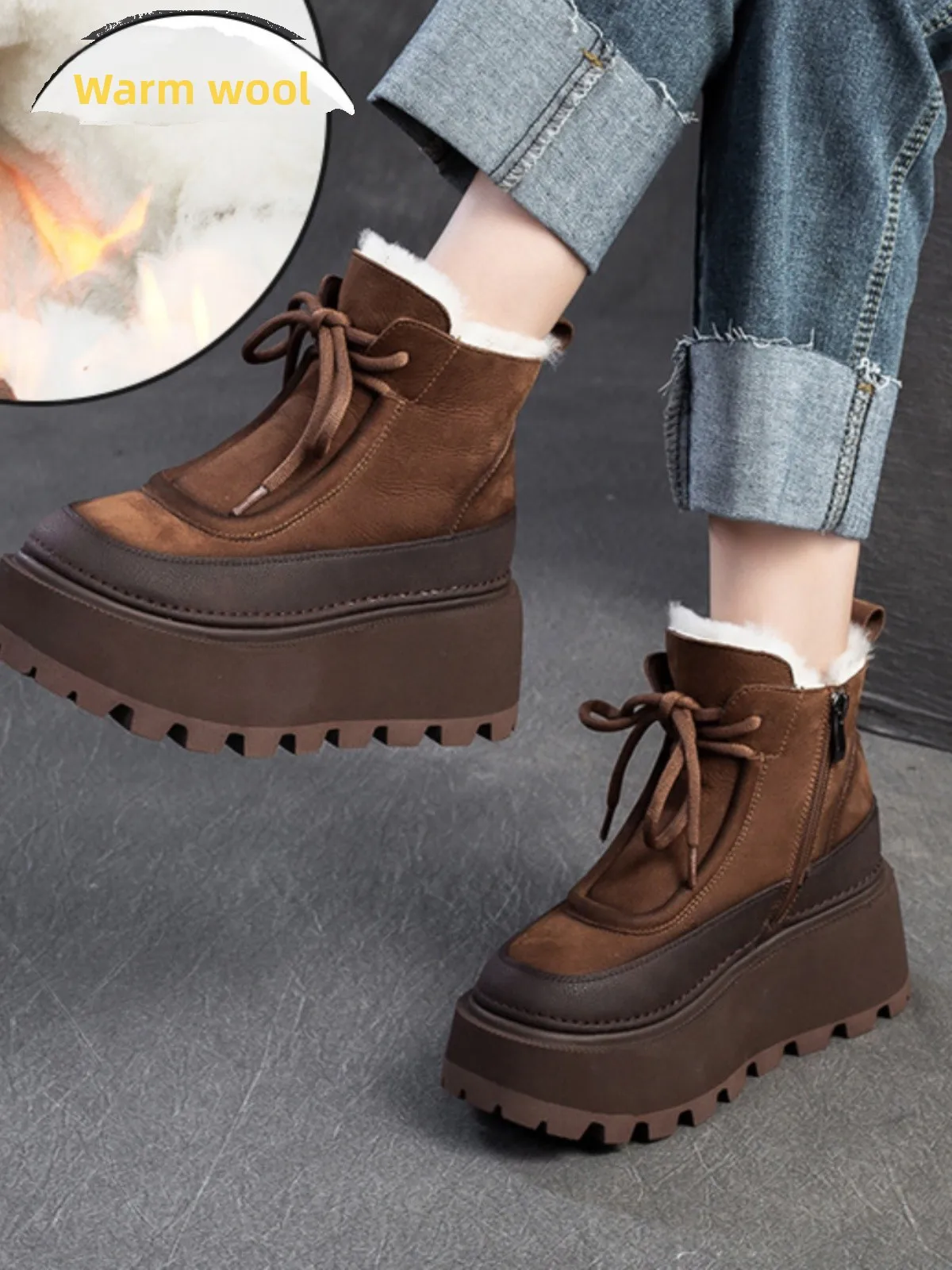 

Thiened Winter Snow Boots Women's Casual High Top Leather Warm Retro Cotton oes Thi Bot Rubber Sole Wool Lined