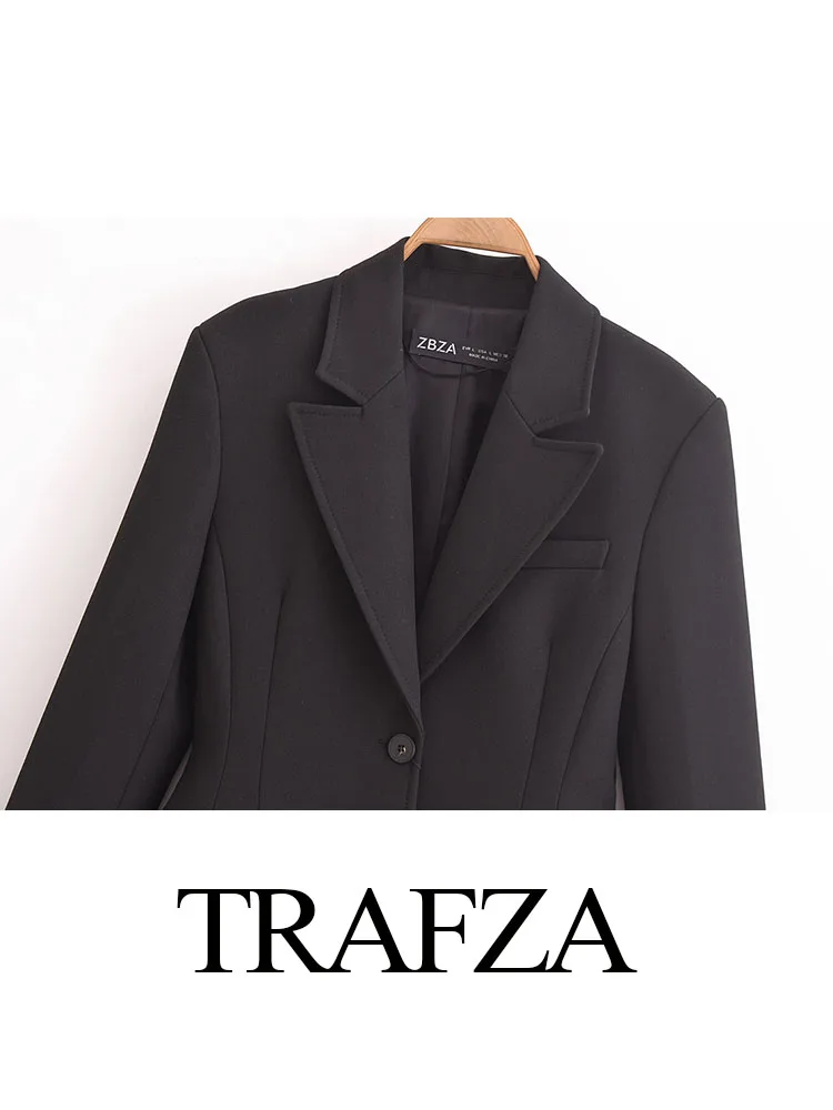 TRAFZA-طقم معطف نسائي بياقة مطوية وتنورة متوسطة الطول ، تنورة جيب مزخرفة ، منتصف الخصر ، حافة منقسمة ، موضة صلبة ، الصيف ، 2: