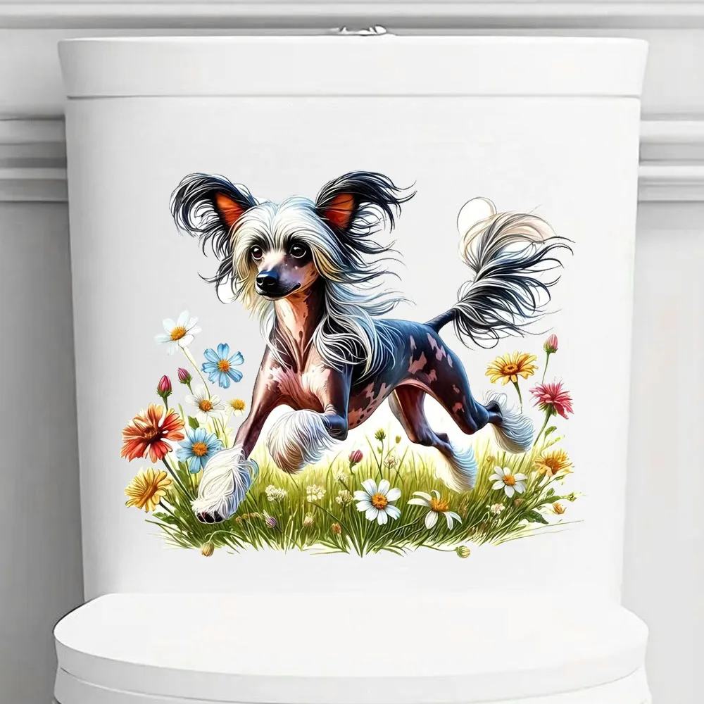 QT3341 # Pegatina de vinilo con diseño de perro Crested chino, arte de pared para el hogar, armario, refrigerador, puerta, inodoro, decoración