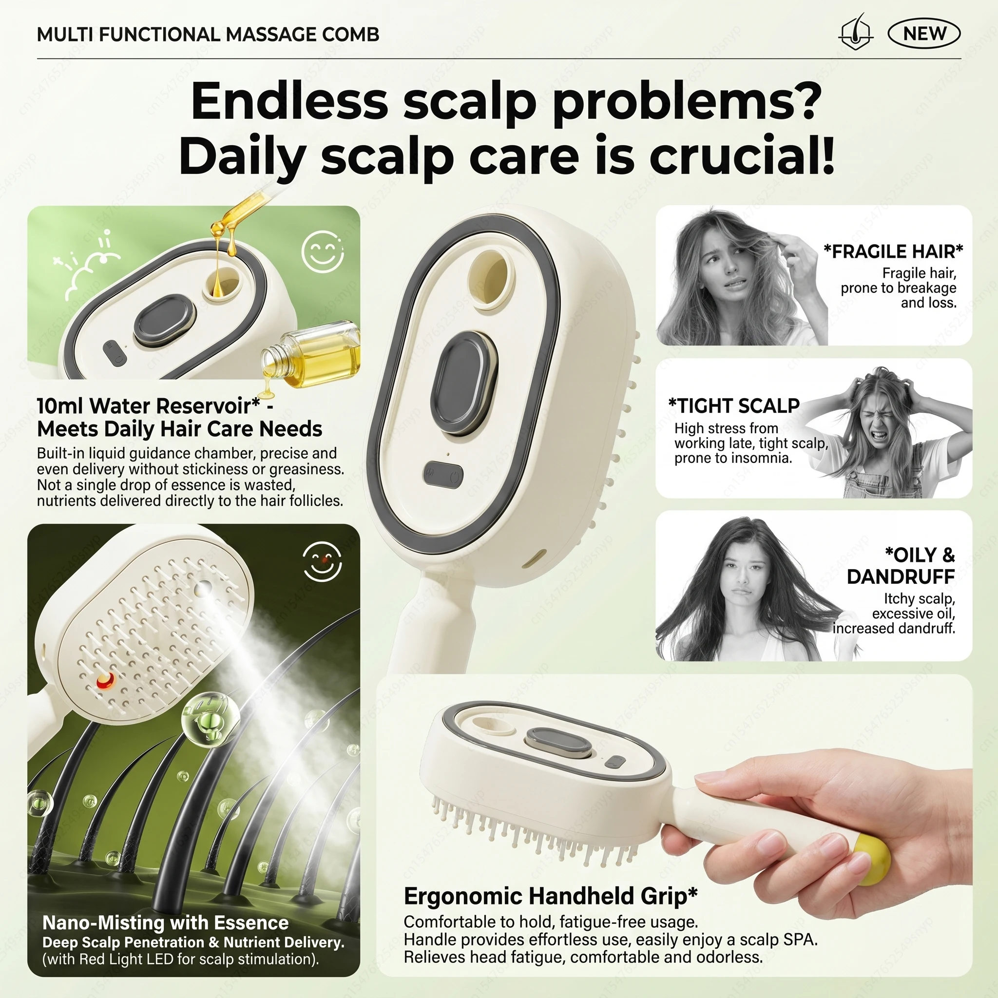Electric Spray 3 In 1 Massage Comb, Rechargeable Self Cleaning Steam Oil Brush Anti Static Detangling Air Cushion Scalp Care