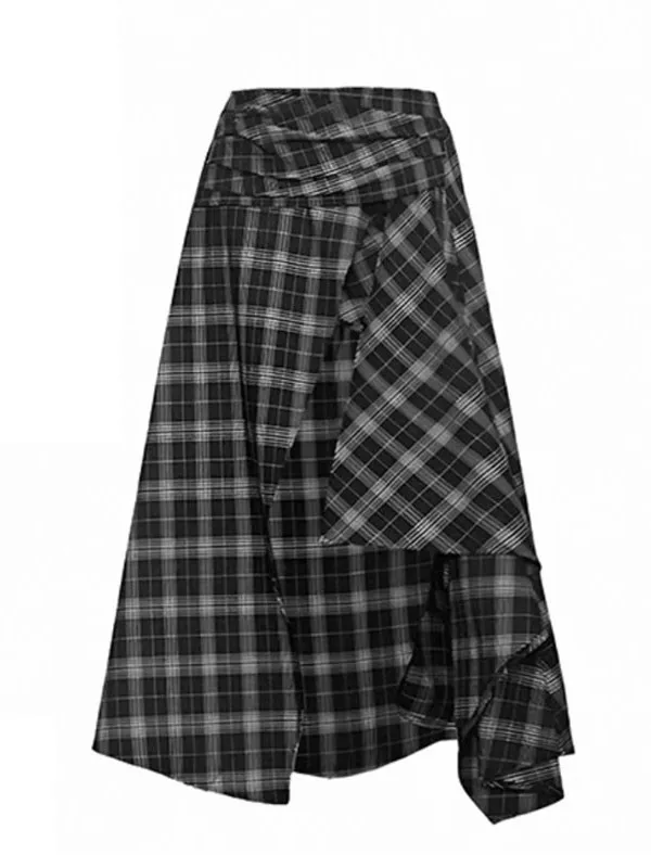 

plus Size Women's Bla White Plaid Asymmetrical Skirt High Waist Slimming Long Summer Design Korean Sle A-Line Skirt
