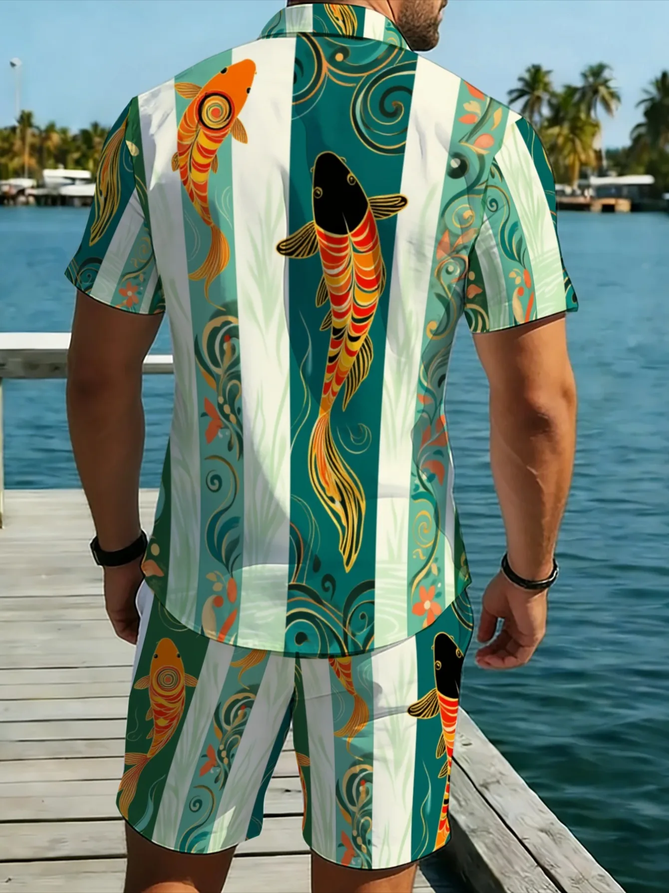 Traditional Lucky Fish Graphic Male Summer Suit Short Sleeve Shirt Loose Shorts Streetwear Tracksuit view 4