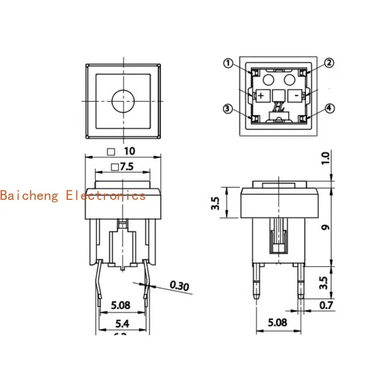 10PCS Straight insertion 4-pin square with hat button, touch button switch, micro reset, normally open type