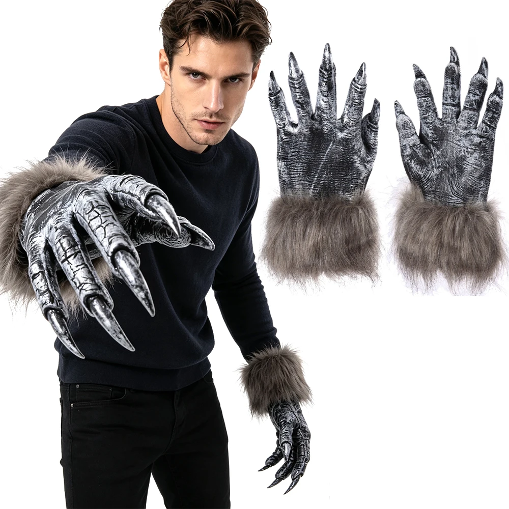Halloween Gloves Werewolf Claws Latex Gloves with Fuzzy Edges Beast Claw Accessories for Masquerade Parties and Horror Props