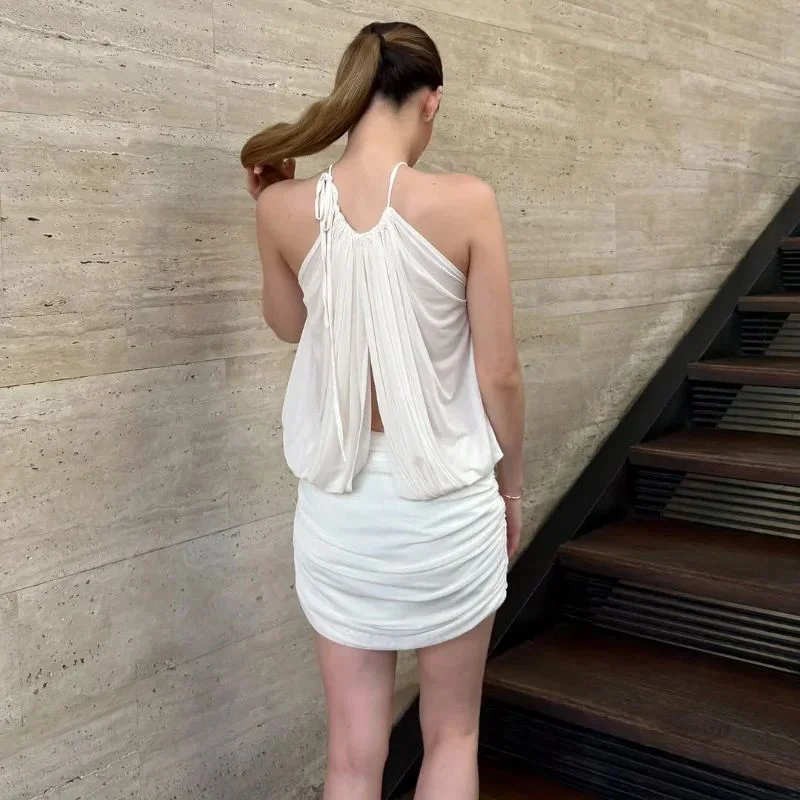 Zeyla 2025 Spring New Sexy Halter Neck Dress - Sheer Mesh Panel Bodycon Midi Dress with Ruffle Details