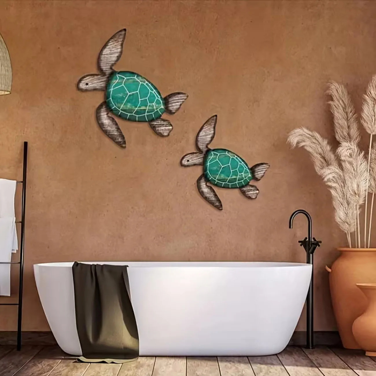 2Pcs Vintage Wooden Sea Turtle Wall Stickers, Rustic Turtle Decor for Bathroom Coastal Home with Nano Tape