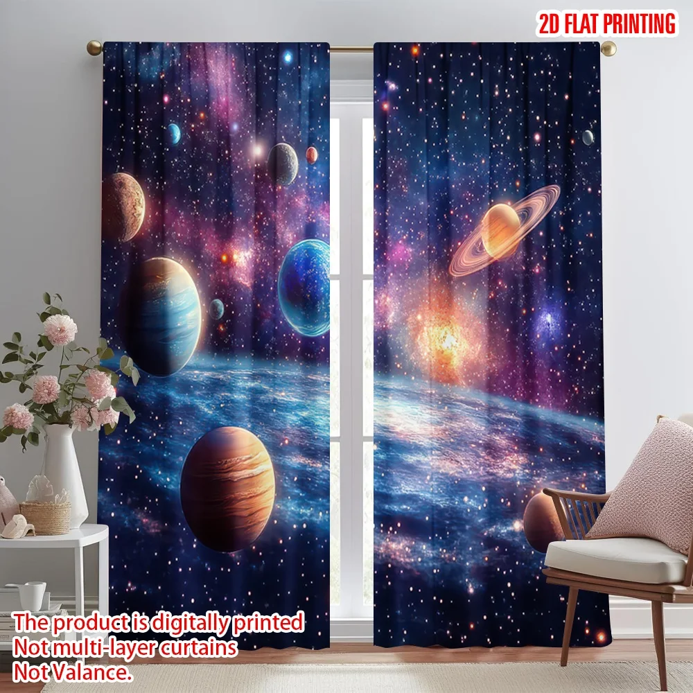

2D flat printing 2pcs Scene Curtains Colorful Cosmic Planets(1) Digital Printed Polyester Drapes Festive Curtains Perfect for