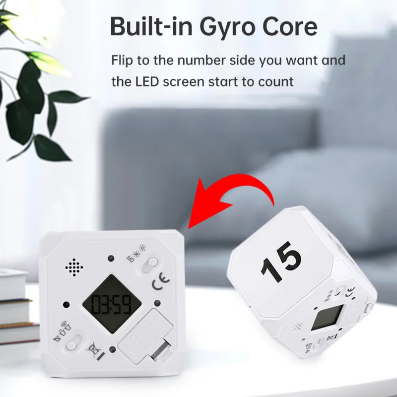 Cube Timer Gravity Sensor Rotating Timer Squre Work Out Custom with Led Screen Vibrate and Sound Alarm Silent 5/15/25/45 Minutes