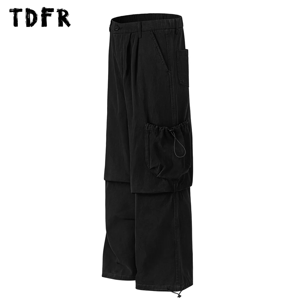 Drawstring Pocket Cargo Pants Mens Solid Color Safari Style Elastic Waist Straight Wide leg Trousers Men