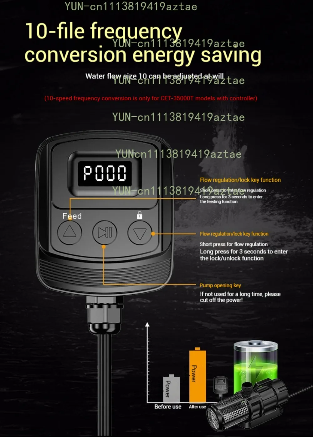450W Out 3200L/h High Flow Frequency Conversion FIsh Pond Farm Aquaculture Pool Electric Water Pump With Controller