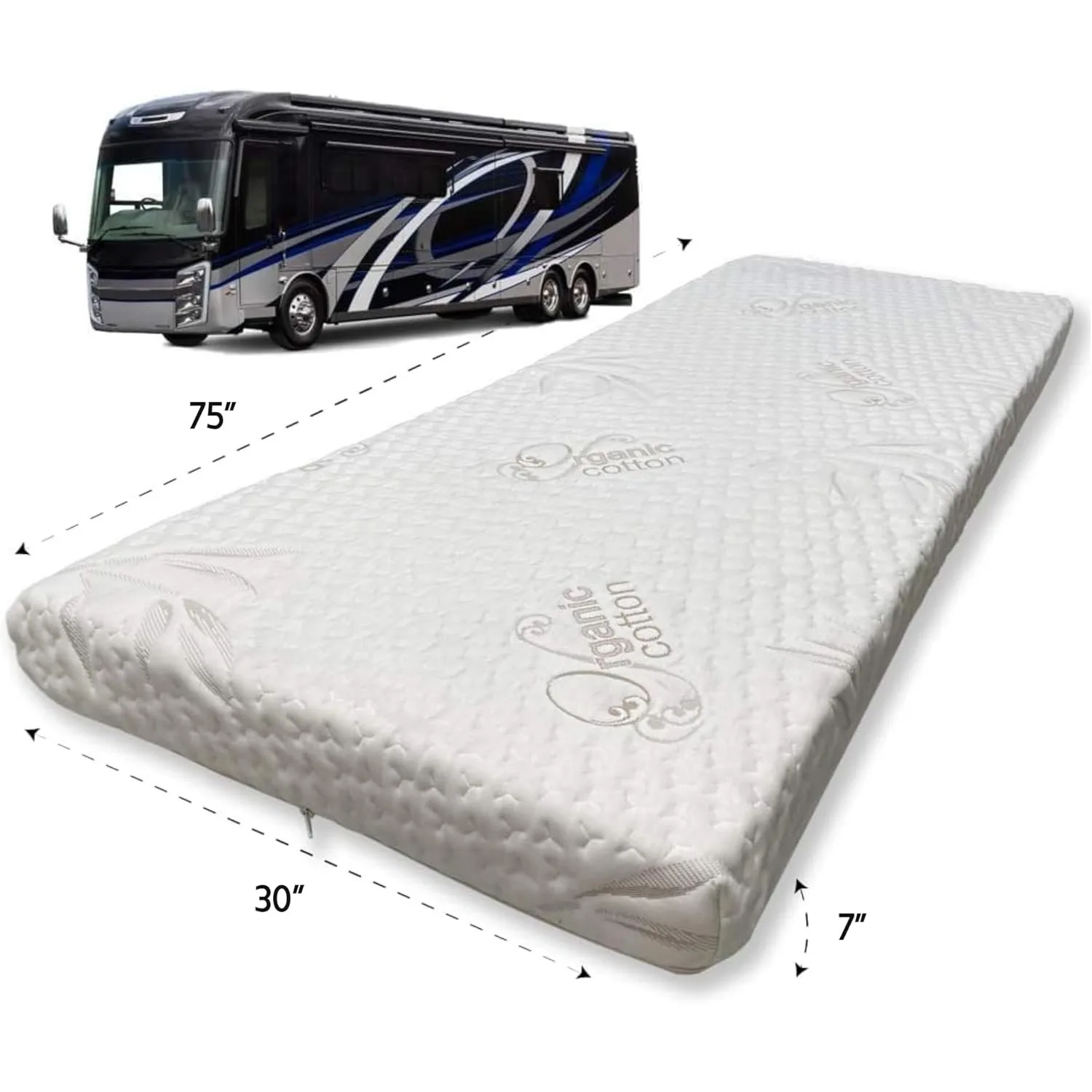 7” x 30” x 75” Truck, Camper, RV High-Density Bunk Mattress, Organic Cotton Cover, Made in USA, Comfortable, Travel Trailer