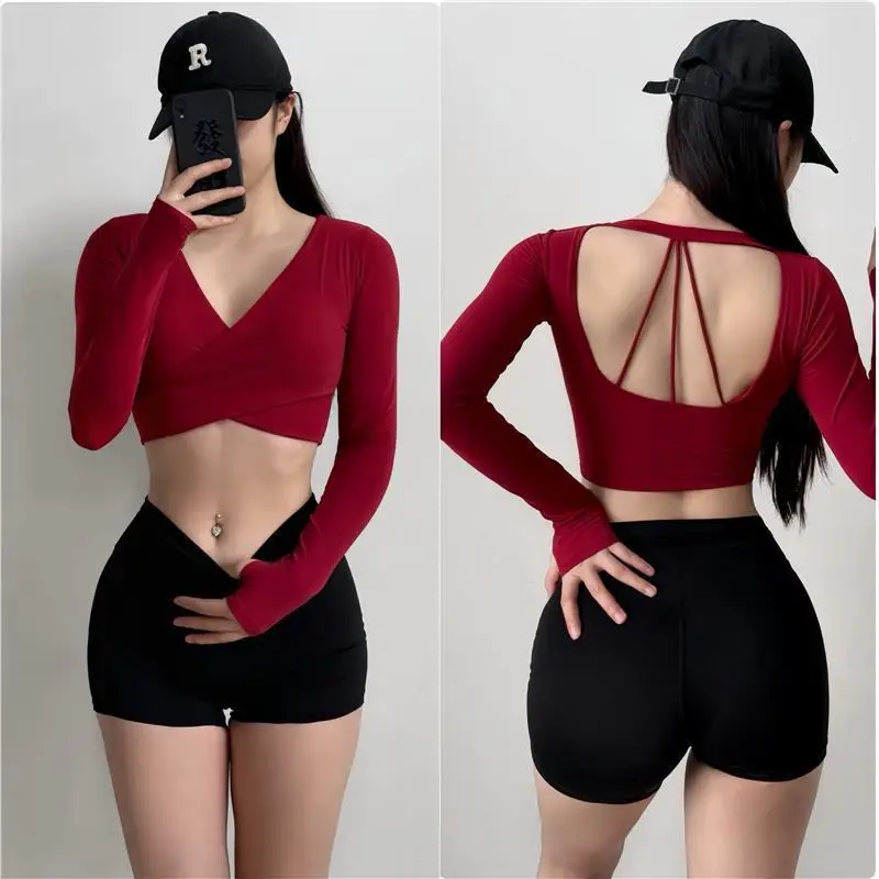 Long Sleeve Yoga T-Shirt Short Crop Top Pilates Training Fitness Sporty Fashionable Women's Shirt V-Neck Sweat Absorbent Quic...