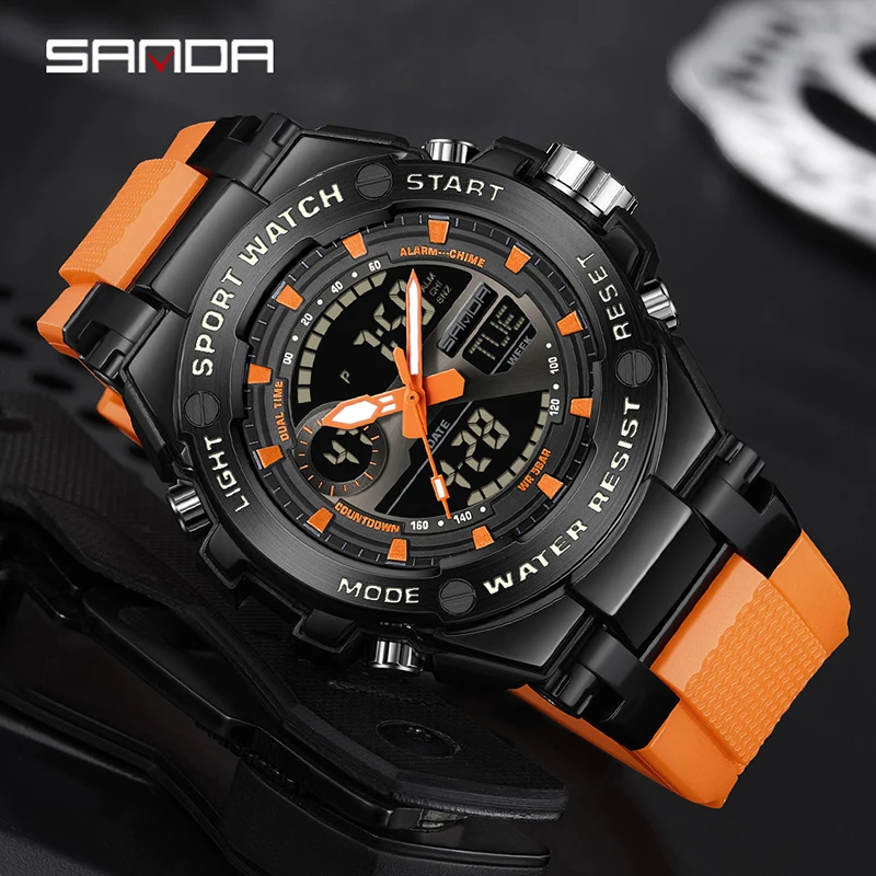 SANDA Luxury Man Watch LED Digital Electronic Watch Alloy Dual-display Men's Watches Fashion 50M Waterproof Outdoor Sport Clock