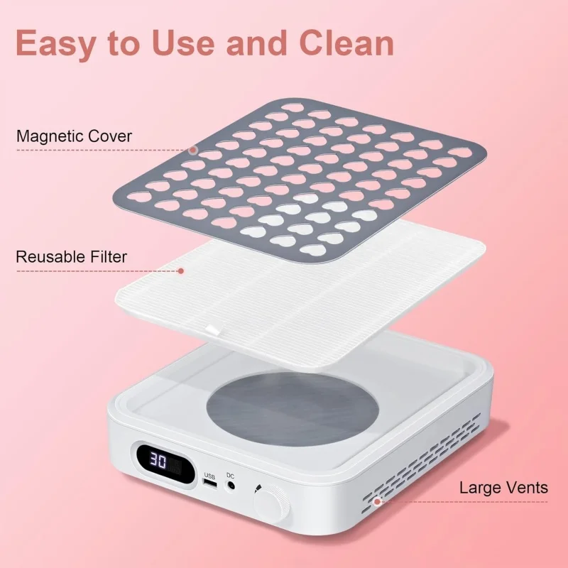 Nail Dust Collector with Reusable Filter, Powerful Vacuum Fan with Disposable Filter Dust Collector for Acetate Fiber Nails, Colored Gel Nails, Nail Salons, White, Pink