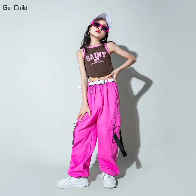 Girls Sweet Crop Tank Top Hip Hop Cargo Pants Clothes Set Kids T-shirt Street Dance Joggers Child Streetwear Teen Lovely Costume