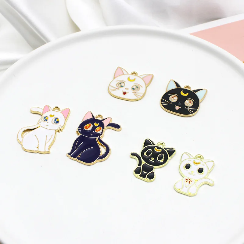 10pcs Sailor Moon girl Luna Cat charm Pendant Necklace Keychain DIY Handmade Keychain Necklace Cute Earring Accessories