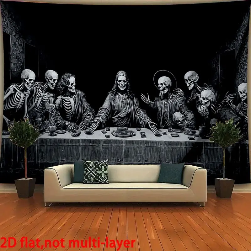 VIKAMA Wall Tapestry Dark Skull Edition Last Supper Tapestry Gothic Style Black and White Skeleton Printed Print Tapestry