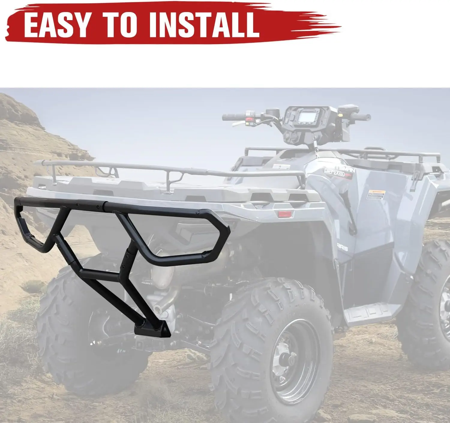 

Rear Bumper compatible with the Sportsman 570 and 450 H.O.; Heavy-duty bumper guard, compatible with 2021–2024 Polaris Sportsman 450/570 EPS models; constructed from sturdy steel tubing; replaces OEM part #2884847