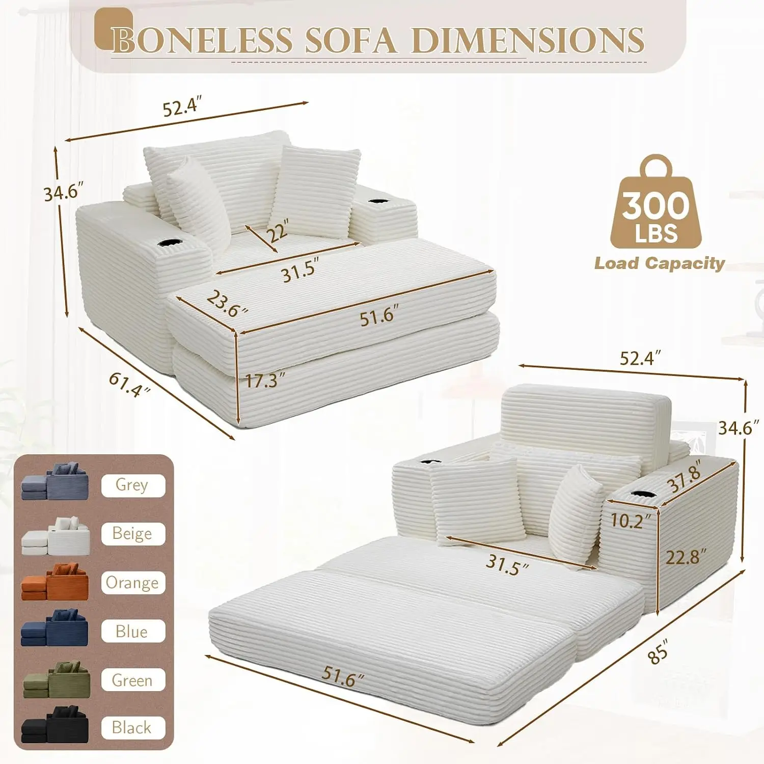 Boneless Corduroy Chaise Lounge Chair Indoor, 52-inch 4-in-1 Folding Convertible Sofa Bed w/Cup Holders, Modern, Customized