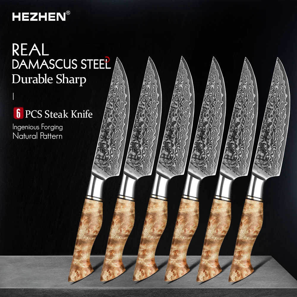 HEZHEN 6PCS Steak Knife Set 67 Layers Damascus Steel Gift Box Set Kitchen Chef Sycamore Wood Handle Cutting Meat Table Knife