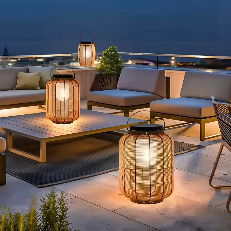 Solar Lantern with Wooden Slats and Bamboo Fence Design Portable Outdoor Hanging Light with Metal Handle Matte Cover for
