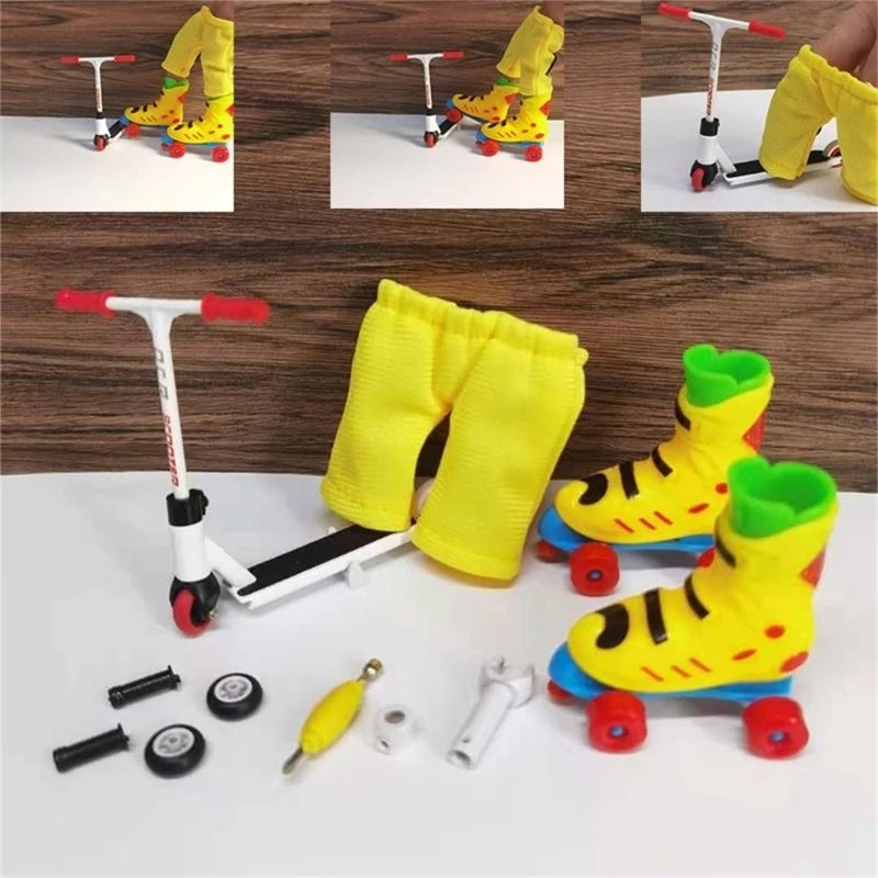 090B Mini Finger Roller Skates Finger Scooter Mini Shorts Set Finger Toy for Toddler Adult Develop Dexterity and Creativity