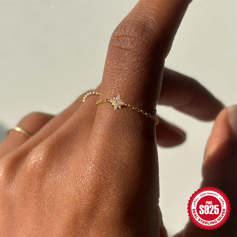 

MLING 925 Sterling Silver Octagonal Star Petal Zircon Finger Rings Charms For Women Adjustable Opening Chain Ring Jewelry Gift