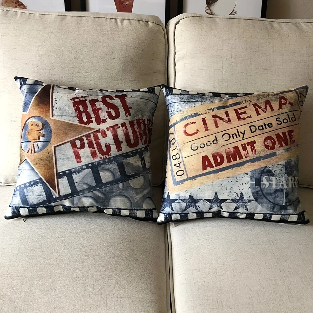 4-Pack Vintage Cinema Poster Pillow Covers – Movie Theater Theme with Popcorn, Filmstrip, Clapboard, Square Cushion Cases