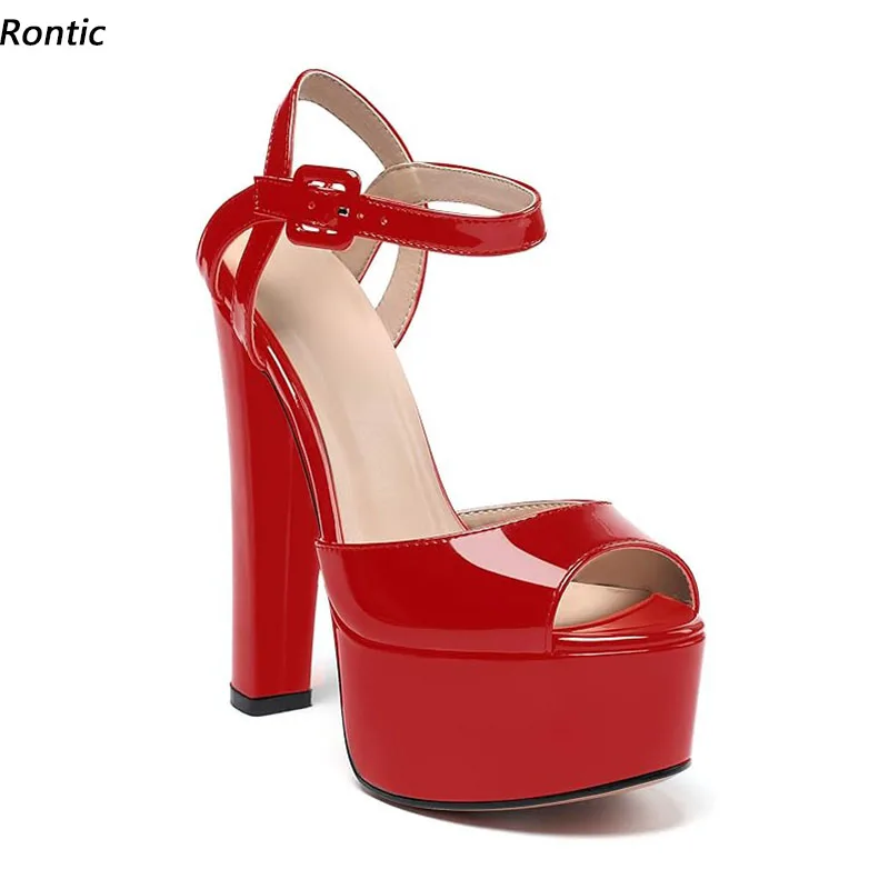 

Rontic Handmade Women Platform Sandals Buckle Strap Chunky Heels Peep Toe Pretty Pink White Red Party Shoes Ladies US Size 5-20