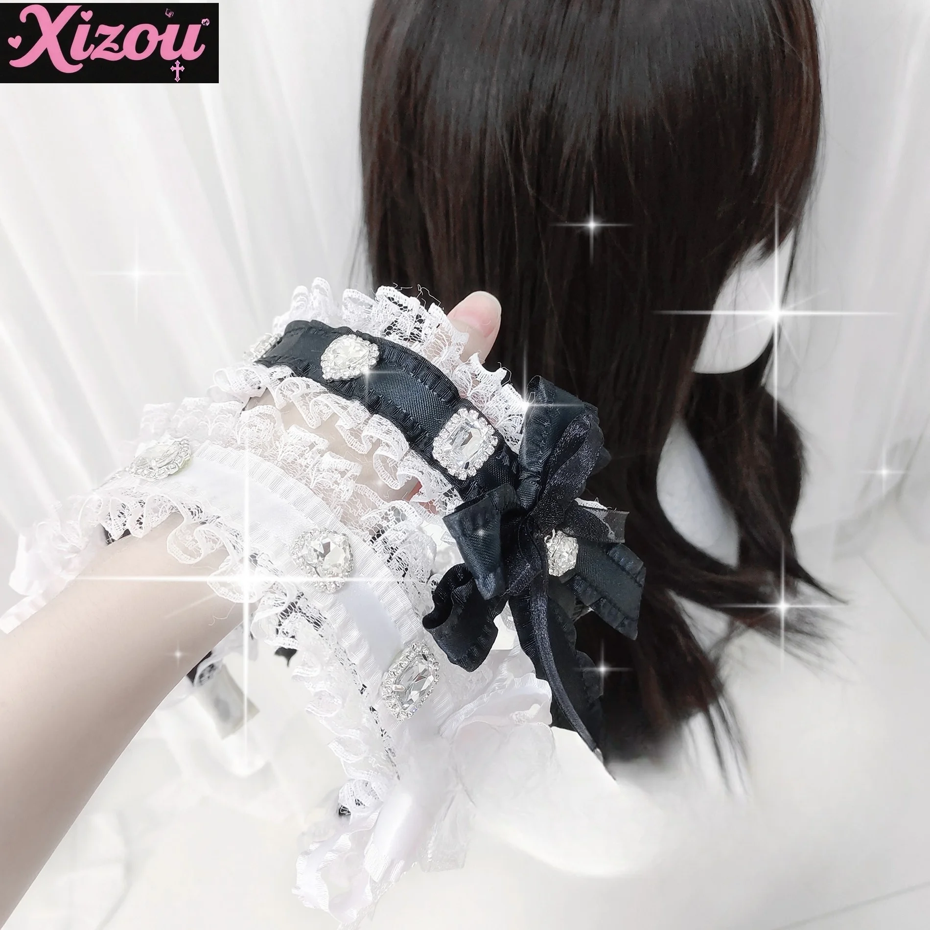 

Japanese Original Handmade Mass-produced Love Rhinestone Bow Lace Headband Headband Lolita Headdress for Women