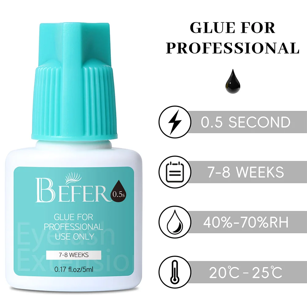 Befer cola profissional para extensões de cílios, cílios postiços, secagem rápida, baixo odor, sem irritação, ferramentas de maquiagem, 0, 5-2 seg, 5ml