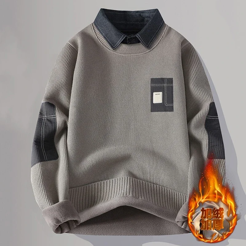 

Sweater Men's Autumn and Winter Velvet Thickened Fake Two-piece Long-sleeved Clothes Shirt Collar Bottoming Sweater