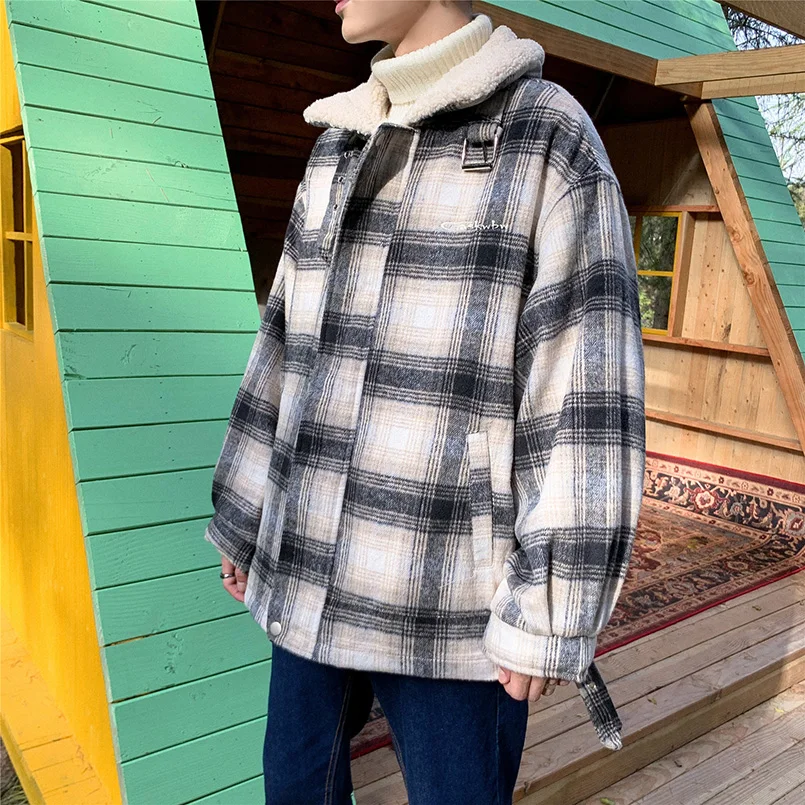 Cashmere Plaid Winter Jacket New Lamb Velvet Male Padded Jackets Long SLeeve Thick Brand Coat Trendy Streetwear Nice