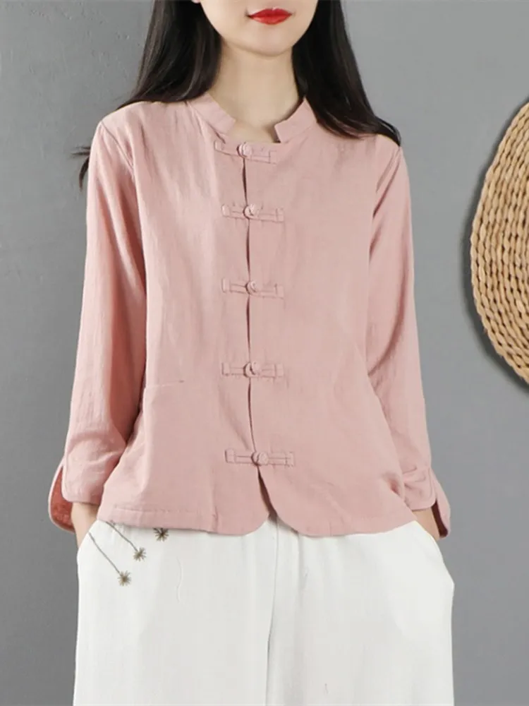 레트로 코튼 린넨 여성용 봄 2023 신상 슬레 내셔널 슬레 윈드 디스크 버튼 다도복 루즈핏 롱 슬리브